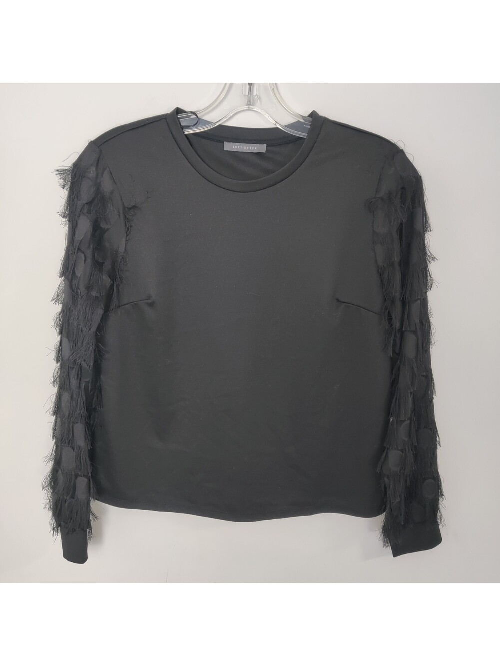 Suzy Shier Fringe Eyelash Sleeve Top Black Crewneck Blouse Party Size Medium